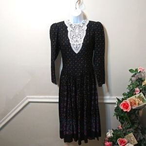 Vintage Gunne Sax Goth, Cottageore Style Lace Collared Black Floral Midi Dress